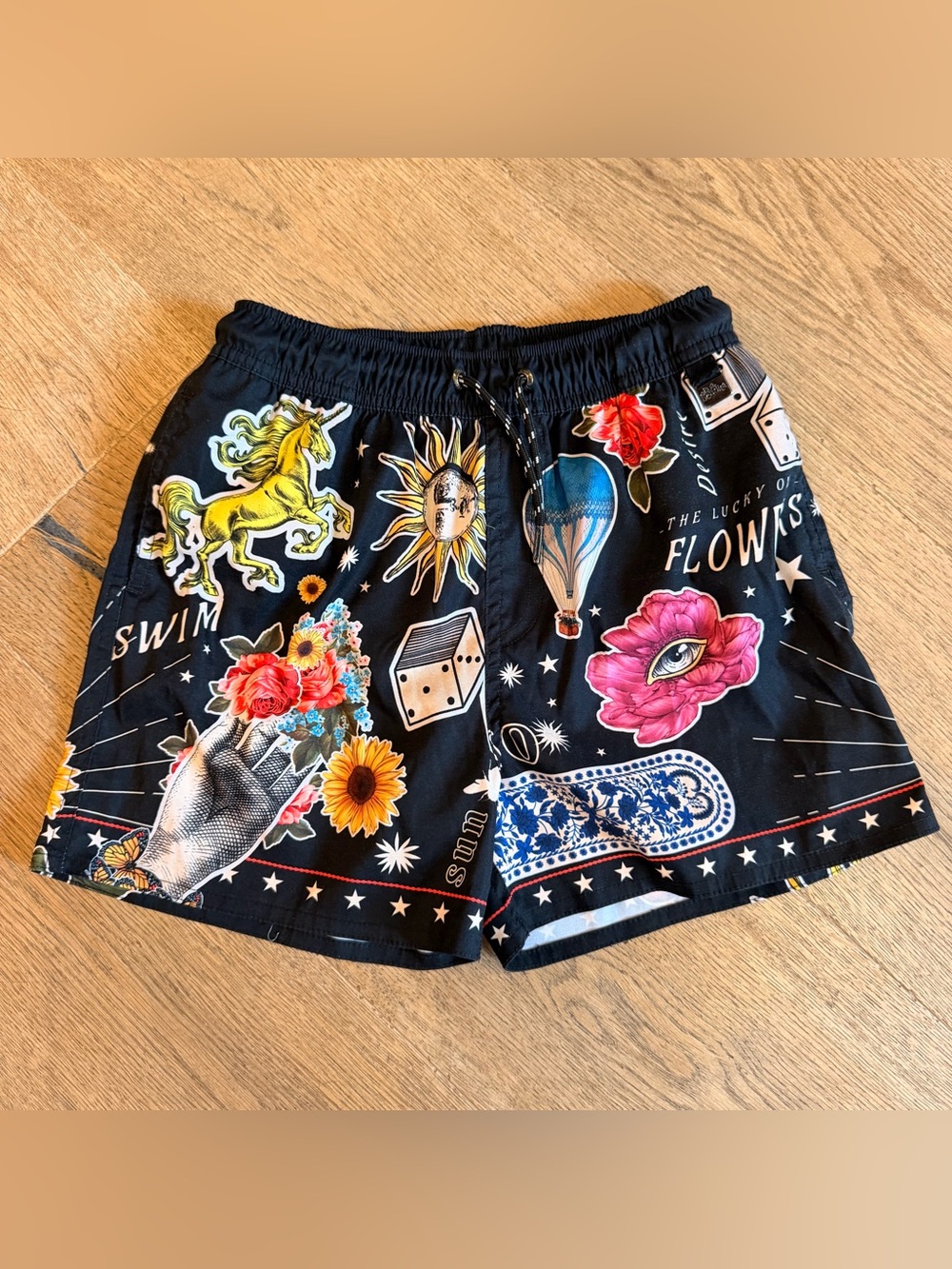 Agua Bendita Black Kids Swim Trunks with Multicolor Graphic Prints